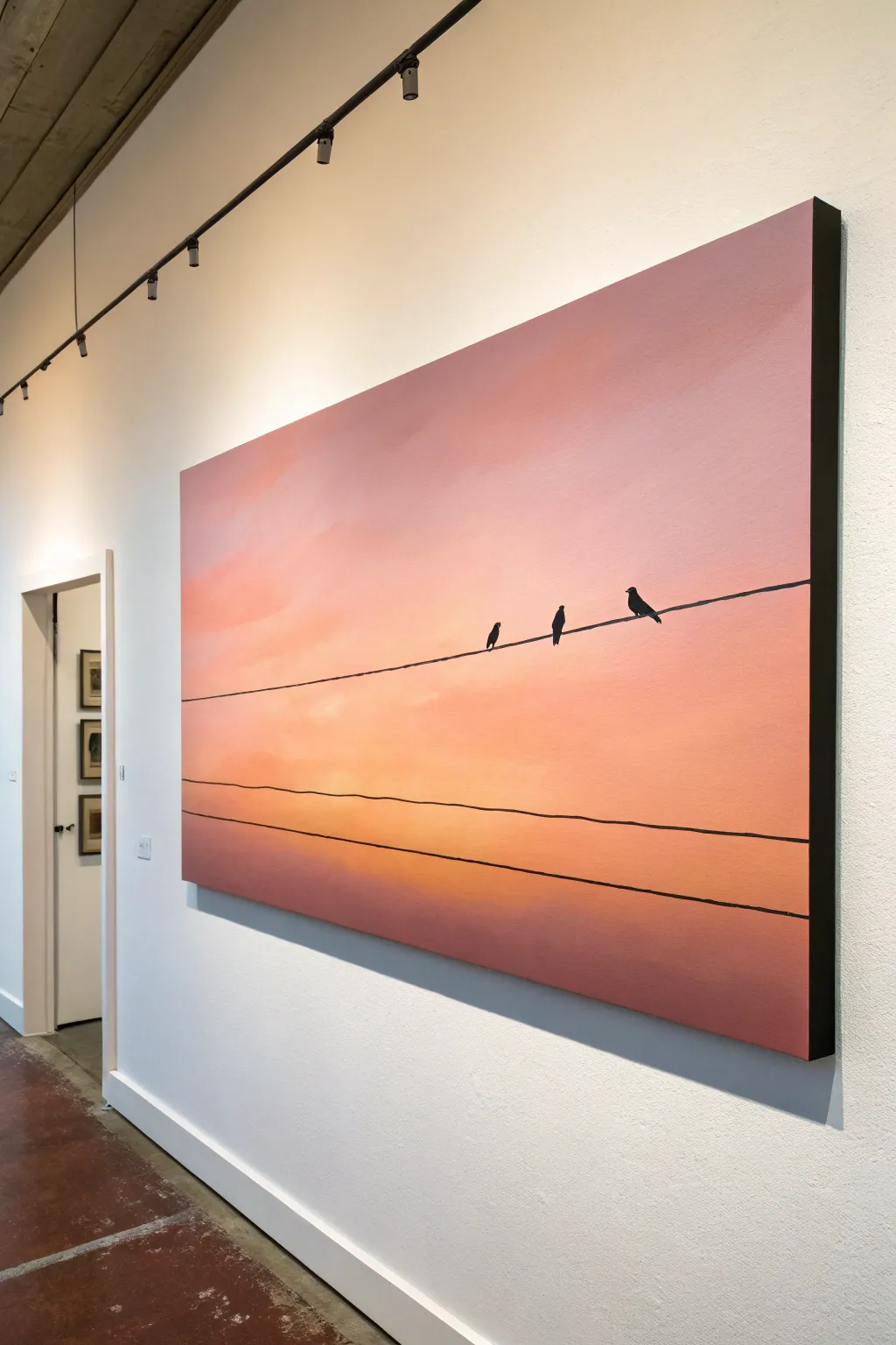 Minimal sunset gradient with delicate power lines and birds, a moody rectangle canvas idea