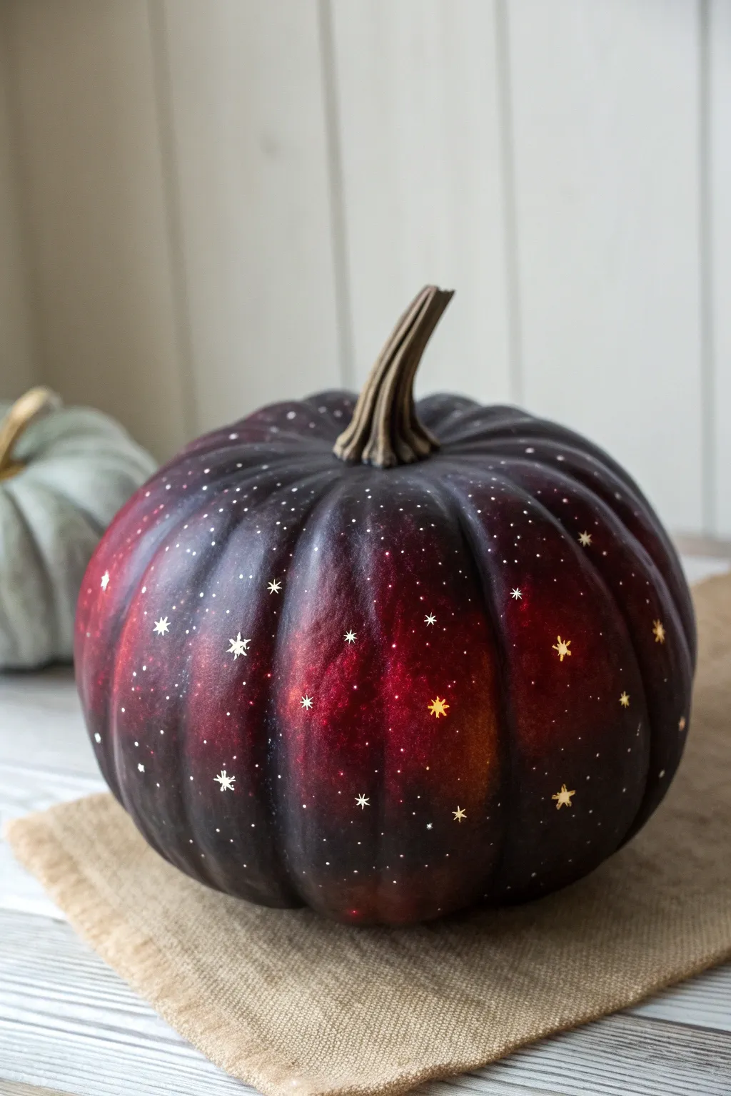 Dark red galaxy pumpkin glowing with tiny pinprick stars in a minimalist, moody setting