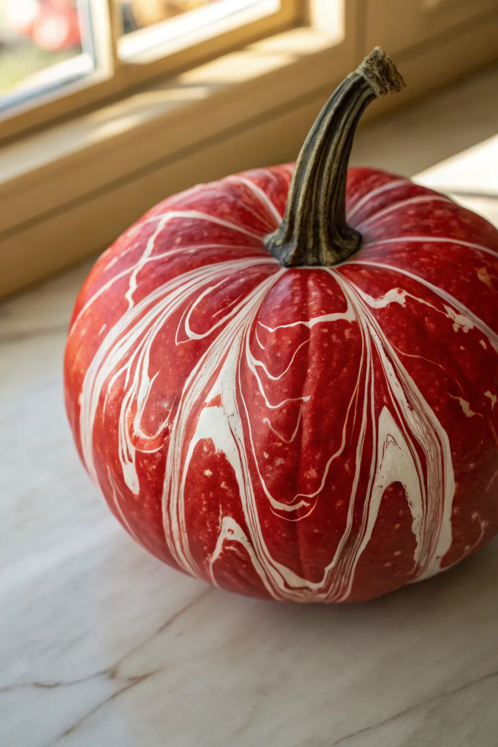 Red pumpkin with elegant white marbling, minimalist styling and rich contrast close-up