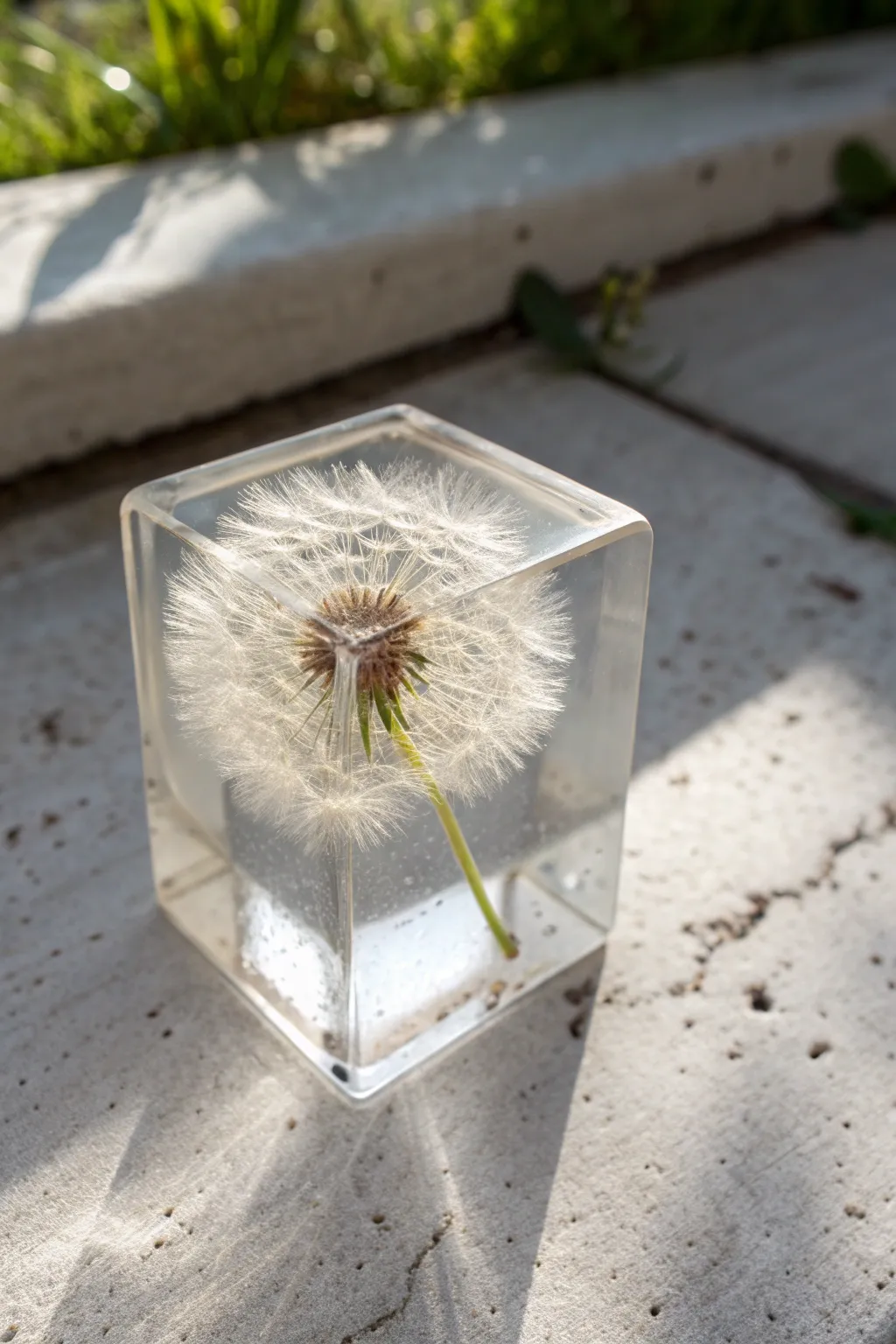 Botanical seed head suspended in a clear resin cube, minimalist and quietly magical.