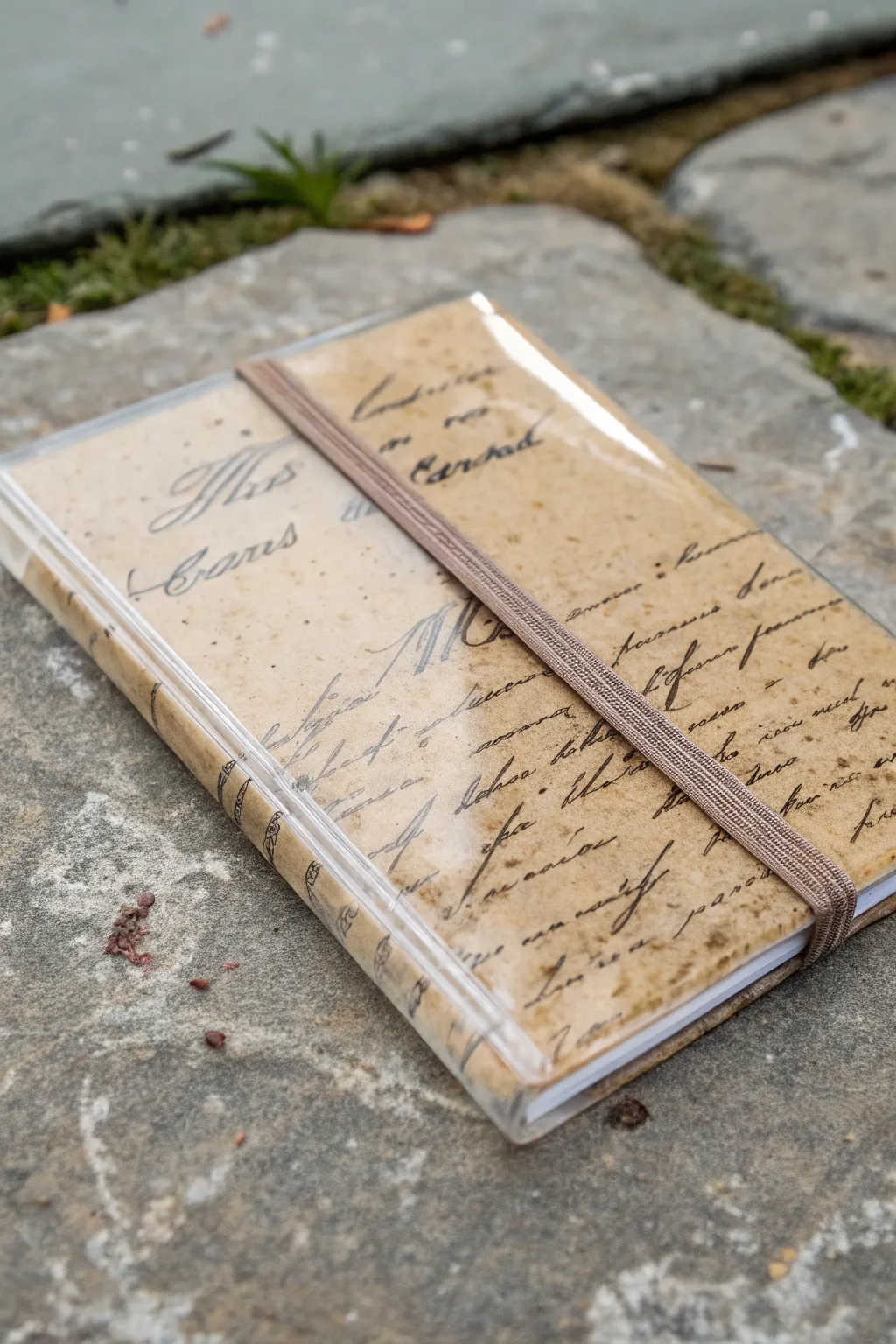 A minimal resin notebook cover preserving a paper note like a tiny time capsule, soft and timeless.