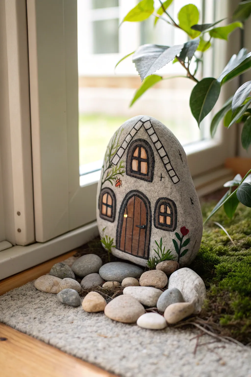 Paint a fairy door on a flat river rock and nestle it in moss for a dreamy mini garden scene