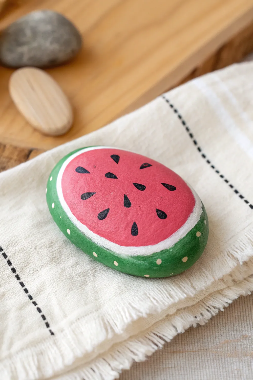 Kids rock painting idea: a simple watermelon slice snack rock in bold colors and clean lines.