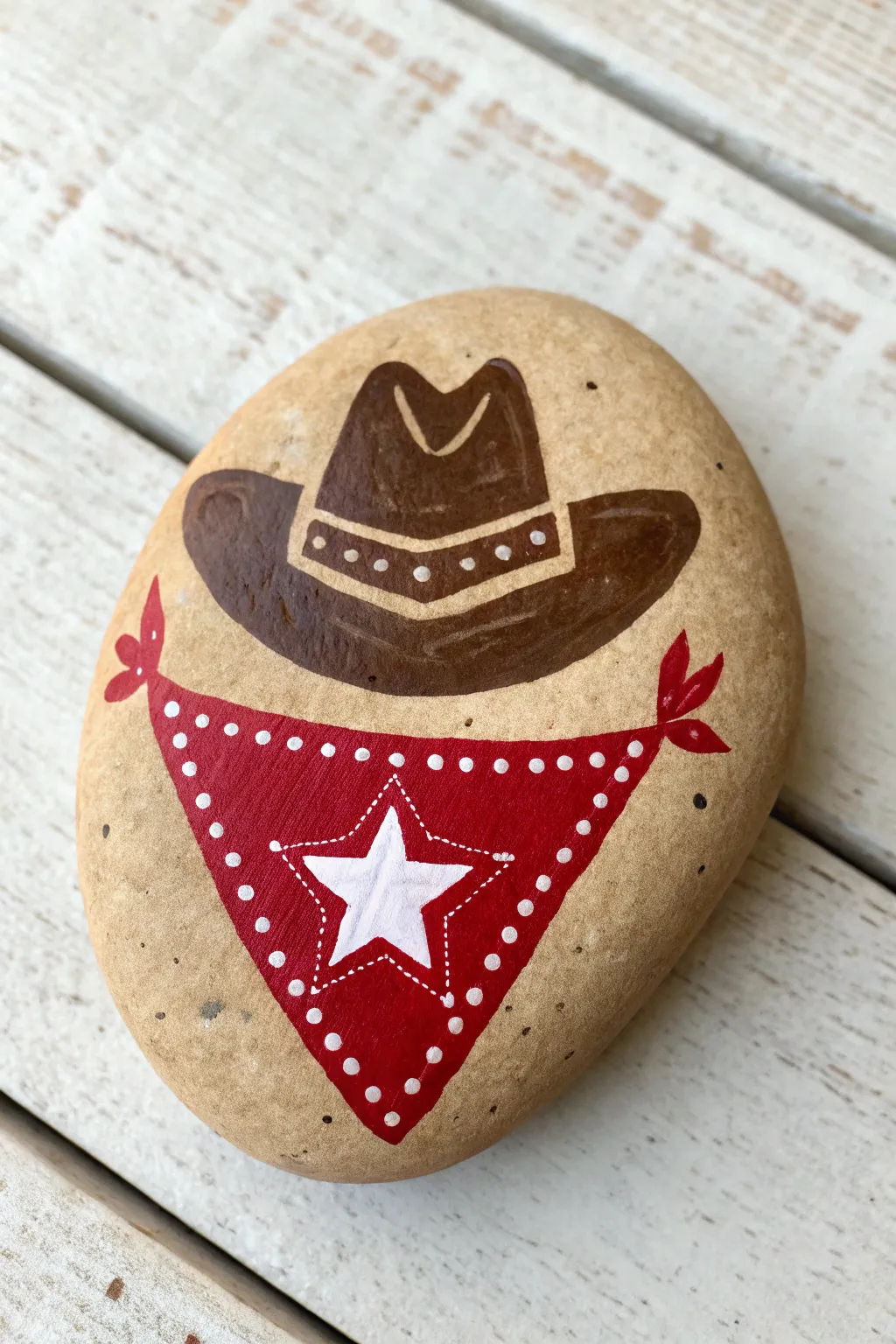 Minimal Disney cowboy rock: tan stone with hat silhouette and red bandana, crisp star detail.