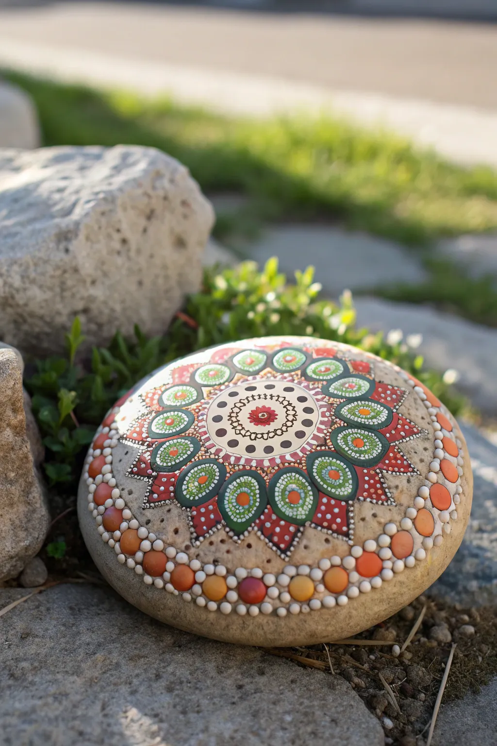Mandala dot rock stepping stone glowing among groundcover for a serene boho garden path