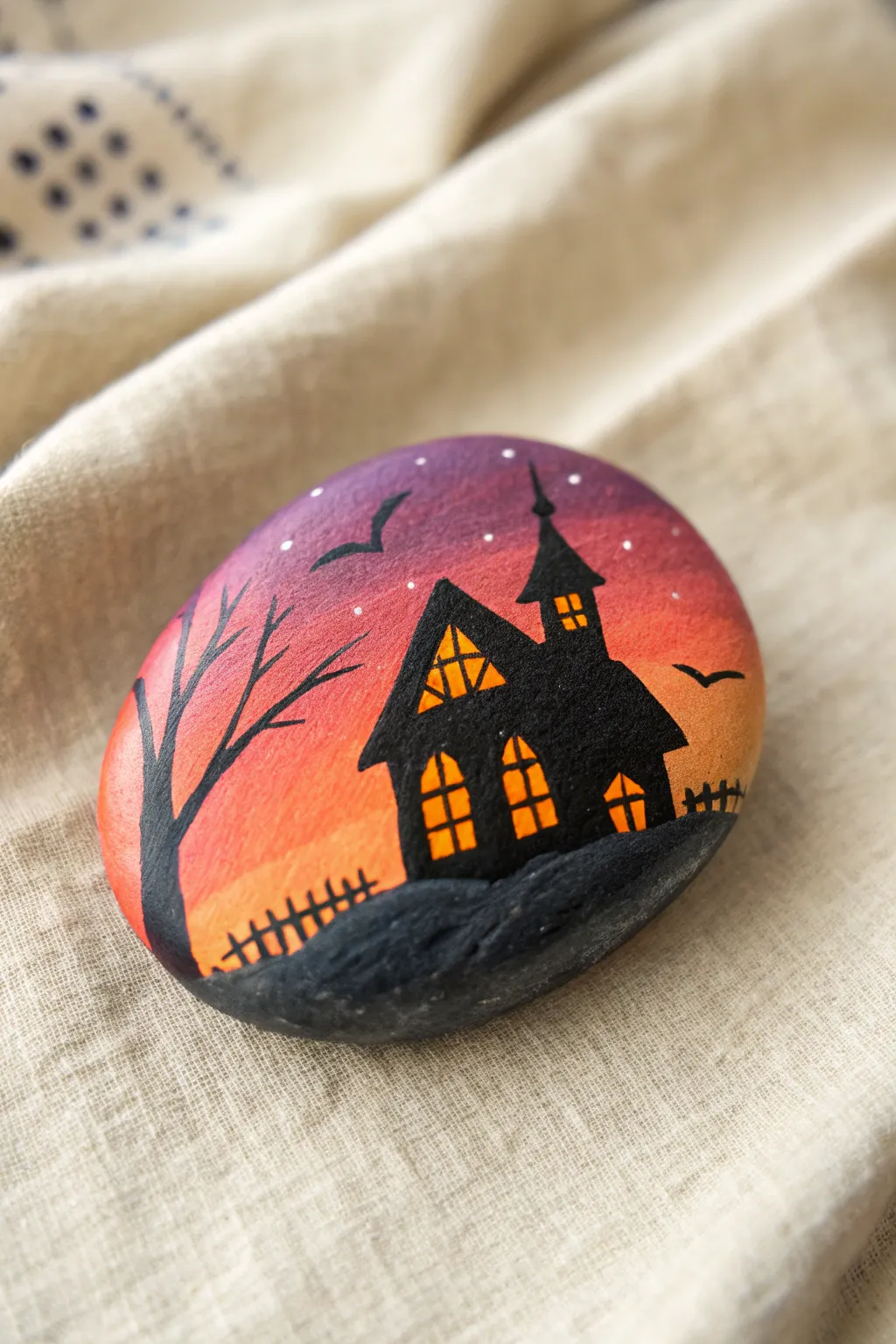 Haunted house silhouette on a sunset rock, minimalist and spooky with softly glowing windows