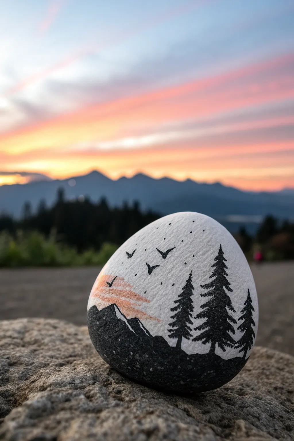 Minimal sunset mountain silhouette rock painting with crisp contrast and calm boho vibes