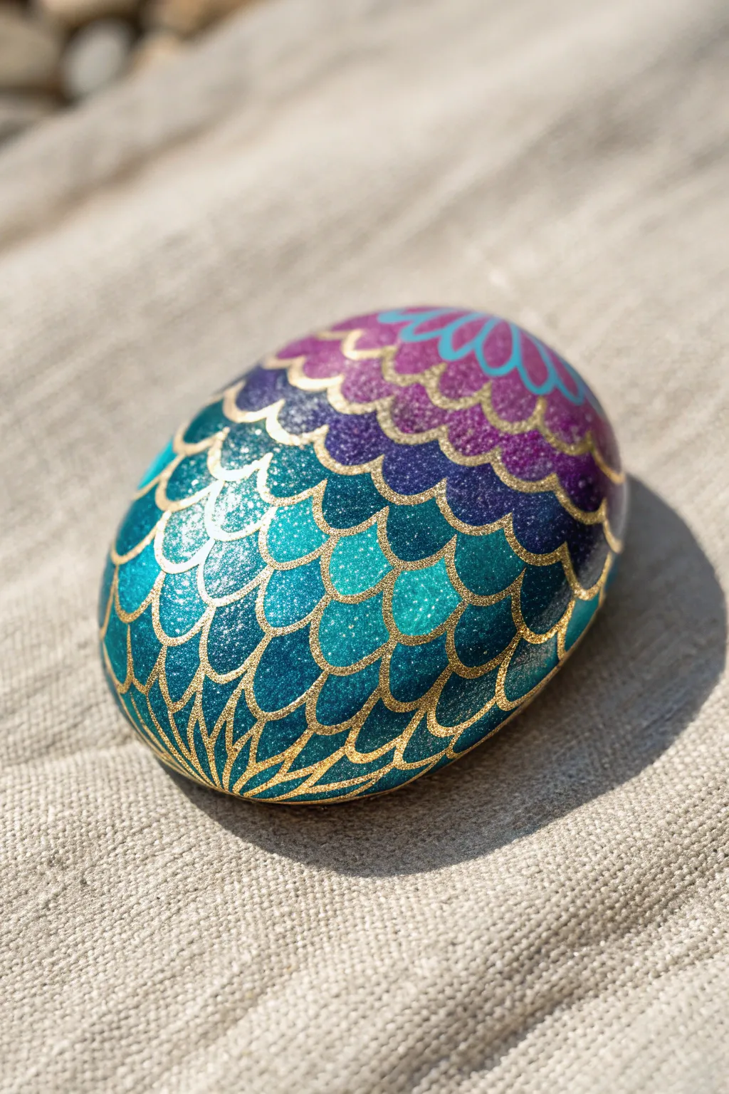 Create magical ocean vibes with this shimmering metallic mermaid scale rock painting.