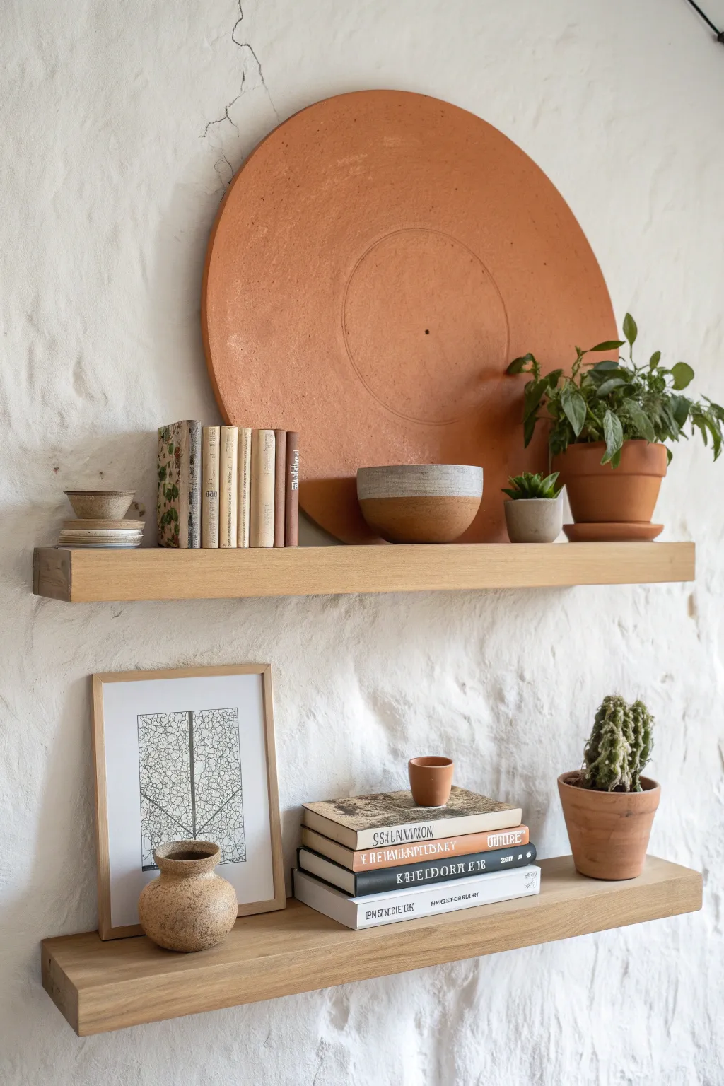 Paint a soft terracotta halo behind floating shelves for simple Scandinavian boho wall decor