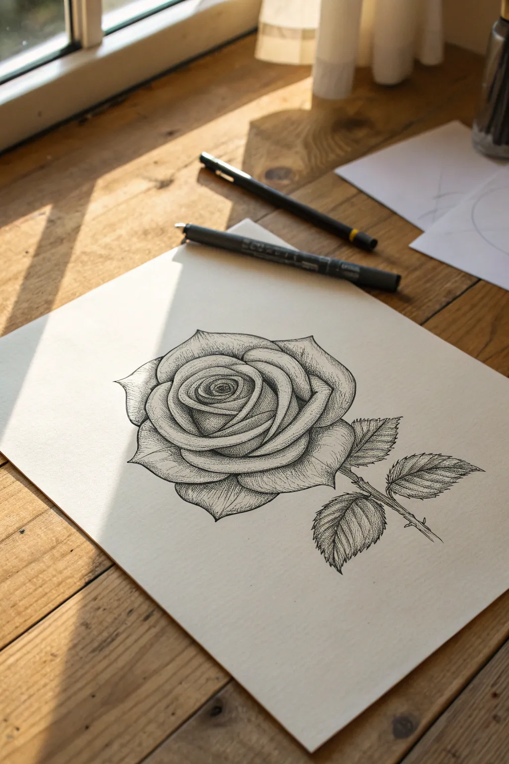 Cross-hatched rose sketch with light outer petals and deep shadows for a simple 3D effect.