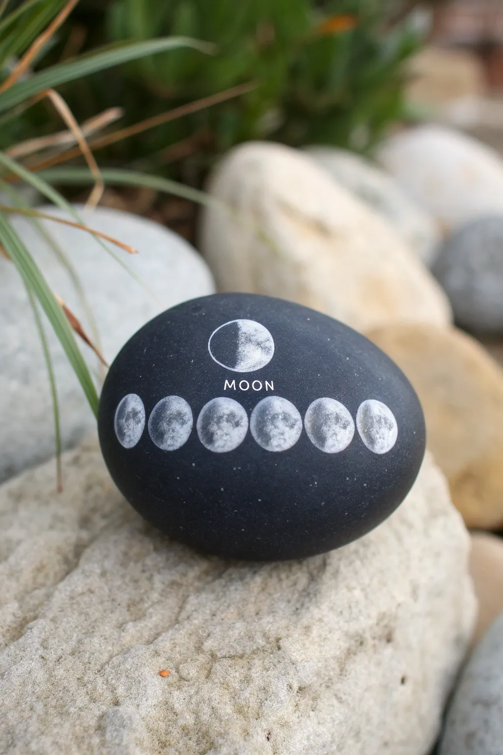 Minimal moon phases rock painting with soft gray glow on a dark round stone