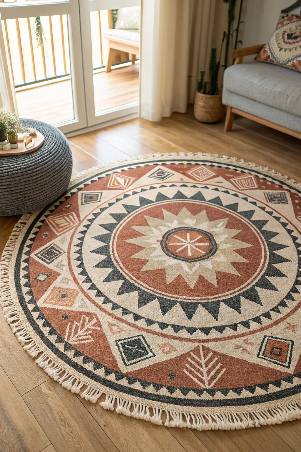 Faux kilim medallion painted rug with bold symmetry and warm boho-minimal contrast