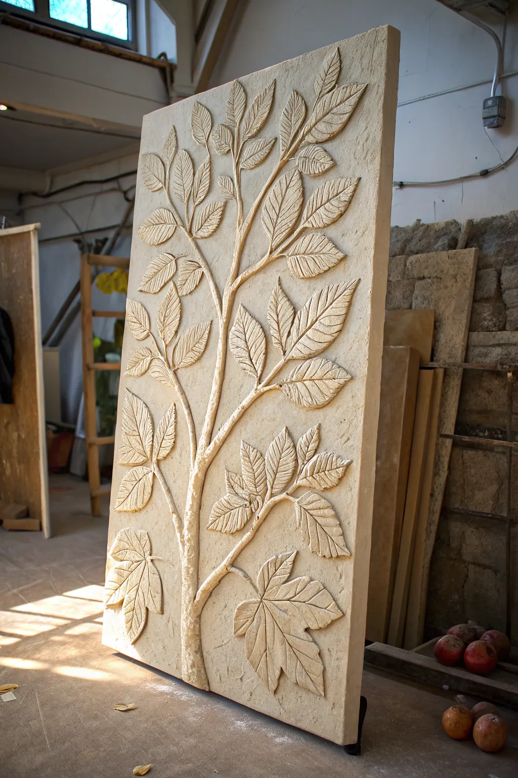 Rustic bark and leaf impressions in warm neutrals, lit from the side for bold texture.