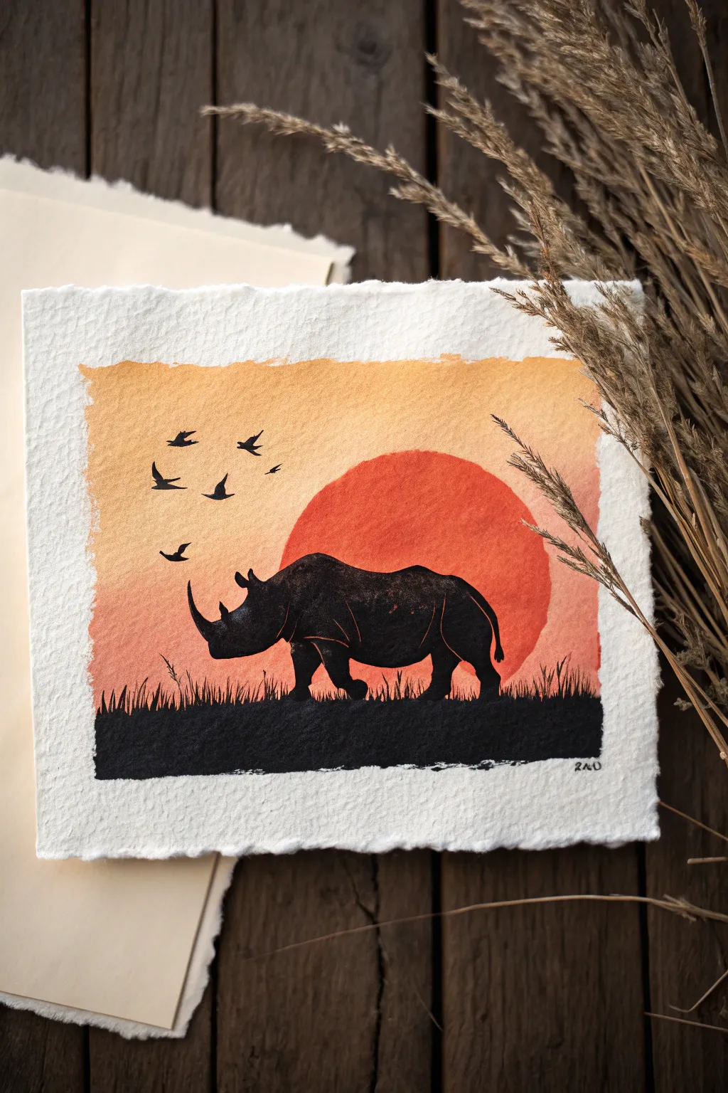 Minimalist rhino silhouette at sunset with tiny oxpeckers, perfect safari painting inspiration