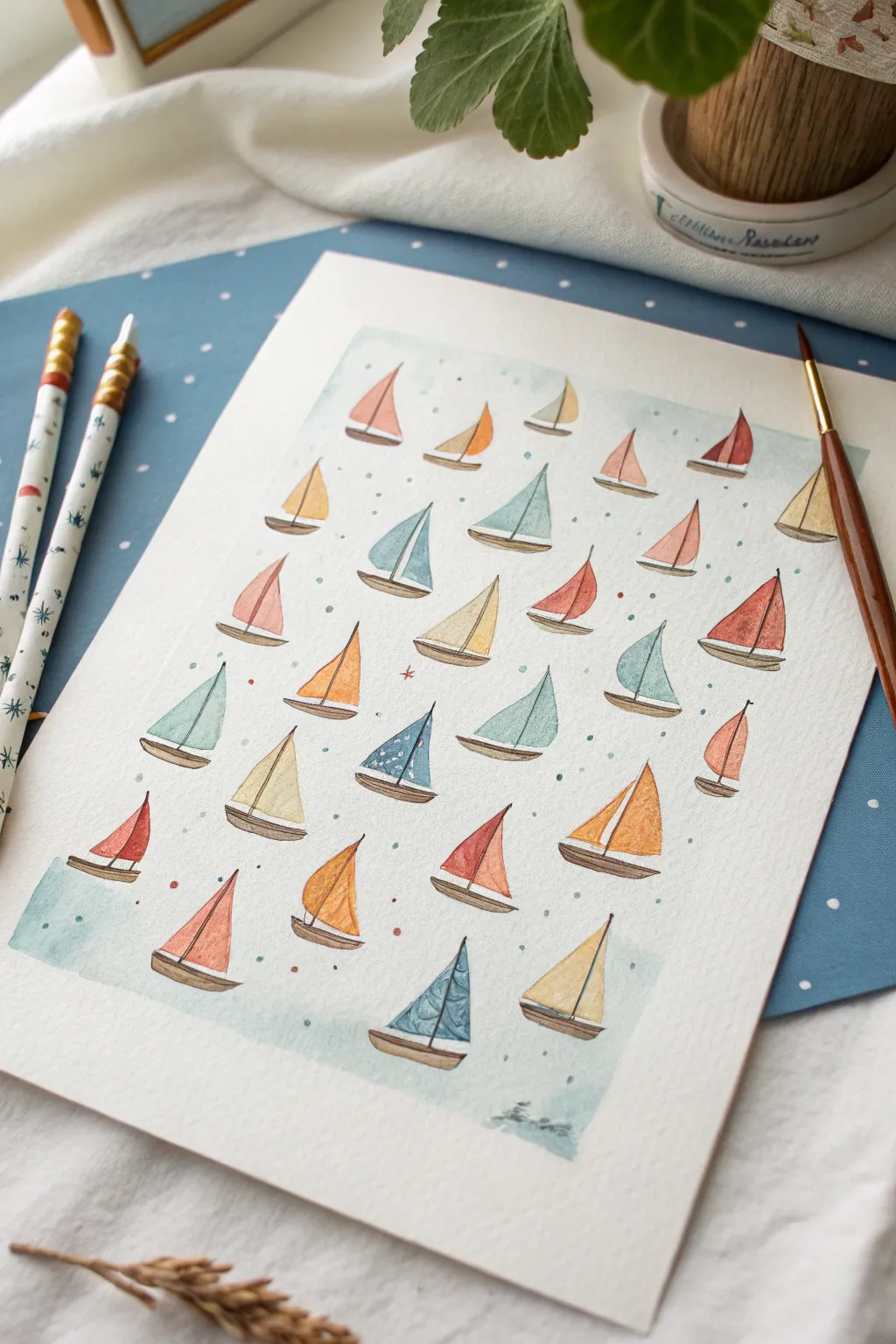Bright tiny sailboats in muted rainbow sails on a calm minimalist sea, simple and joyful.