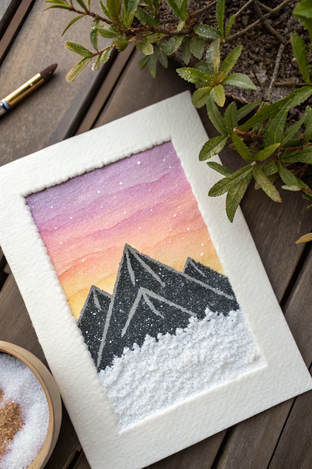Mountain sunset salt painting silhouette with raised salt ridges and soft watercolor glow.