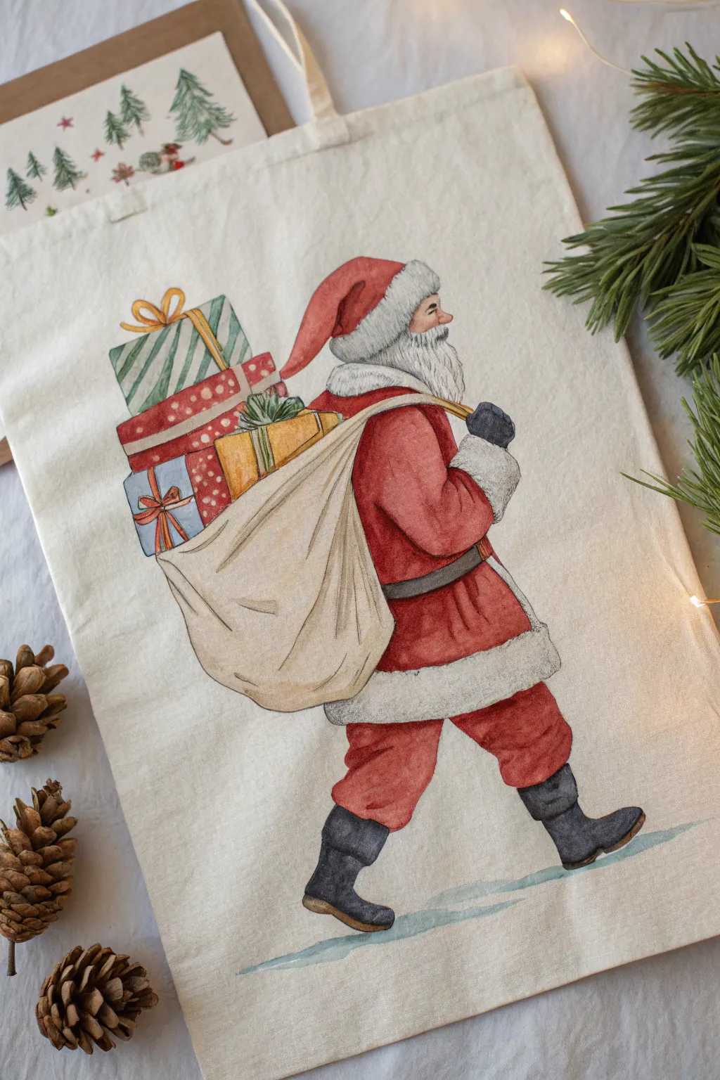 Minimalist Santa with a gift-filled sack, Nordic calm + playful color pops in crisp contrast.
