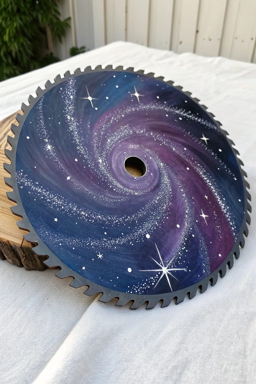 Swirling galaxy saw blade with star splatter and a glowing nebula ring around the center hole