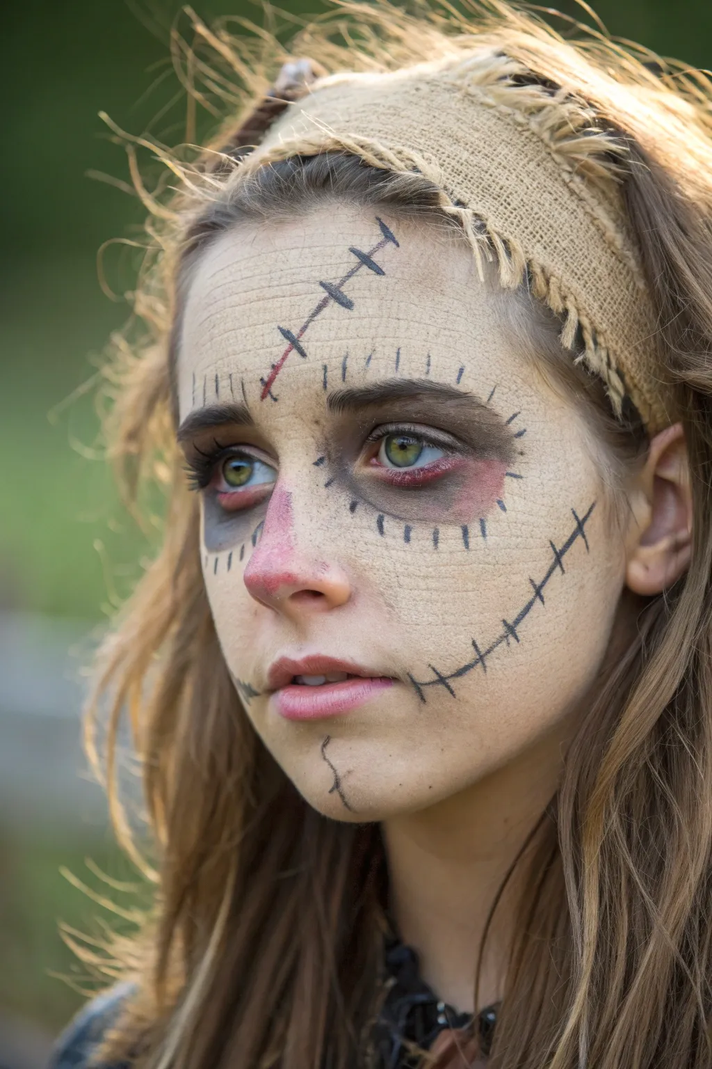 Rotting burlap tear illusion scarecrow face paint with frayed seams, depth shading, and moody contrast