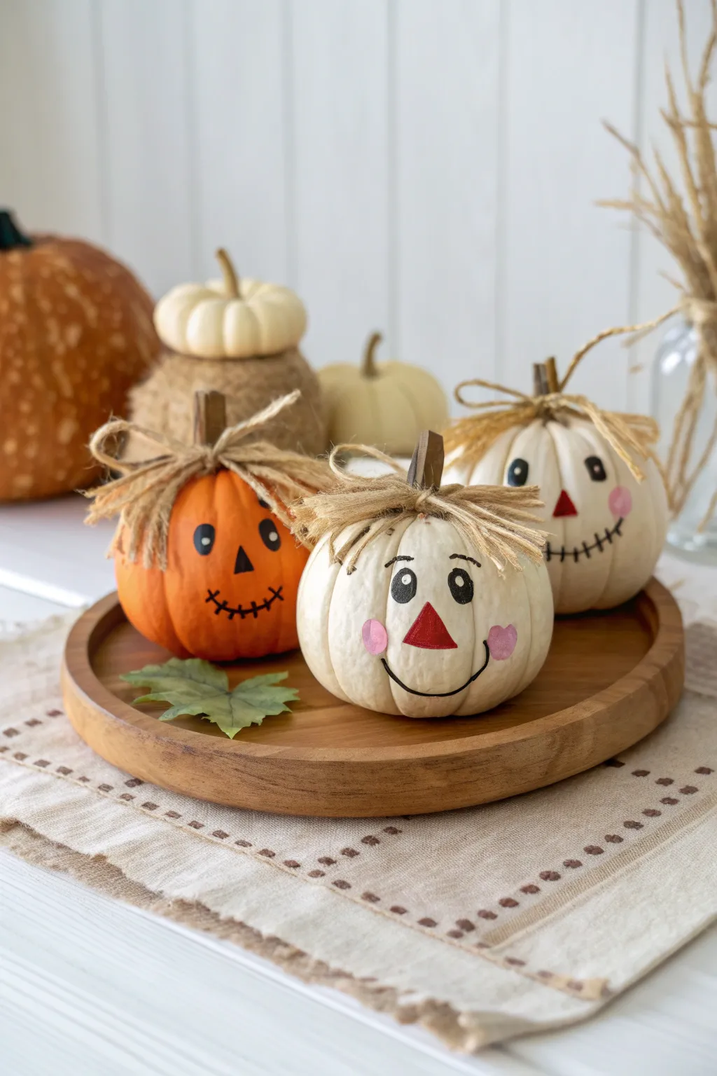 Mini scarecrow pumpkin family centerpiece with sweet expressions in minimalist boho style