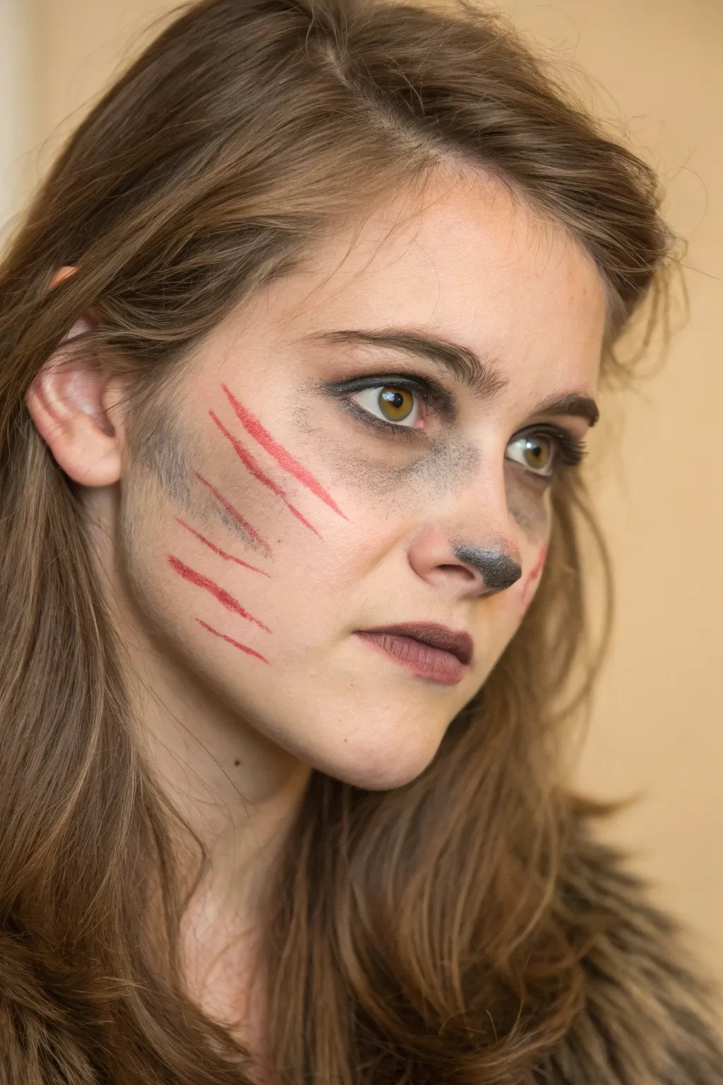 Easy werewolf face paint: dark nose, soft fur strokes, and 3 claw scratches with red pop.