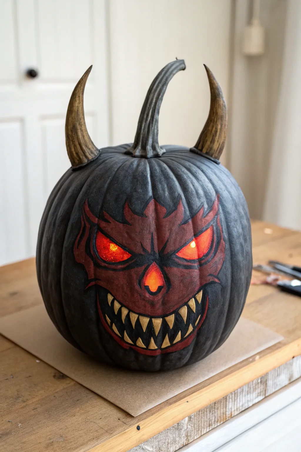 Horned demon snarl on a midnight pumpkin, glossy eyes and sculpted horns in shadow.