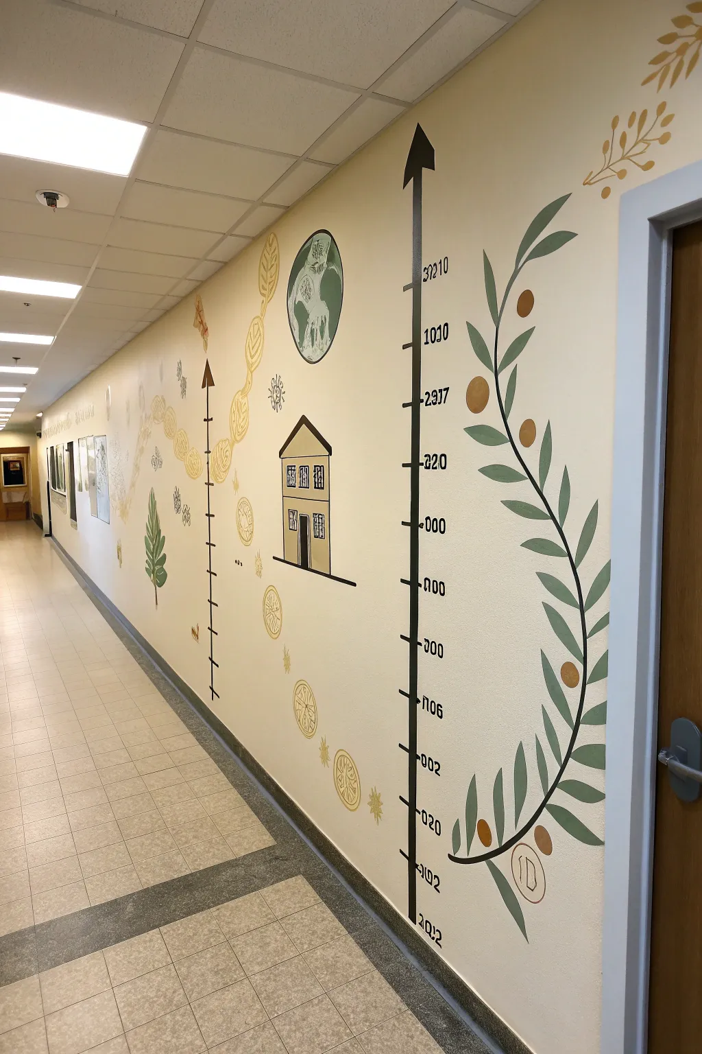 Minimal hallway timeline mural with simple icons and spaced milestones for easy reading