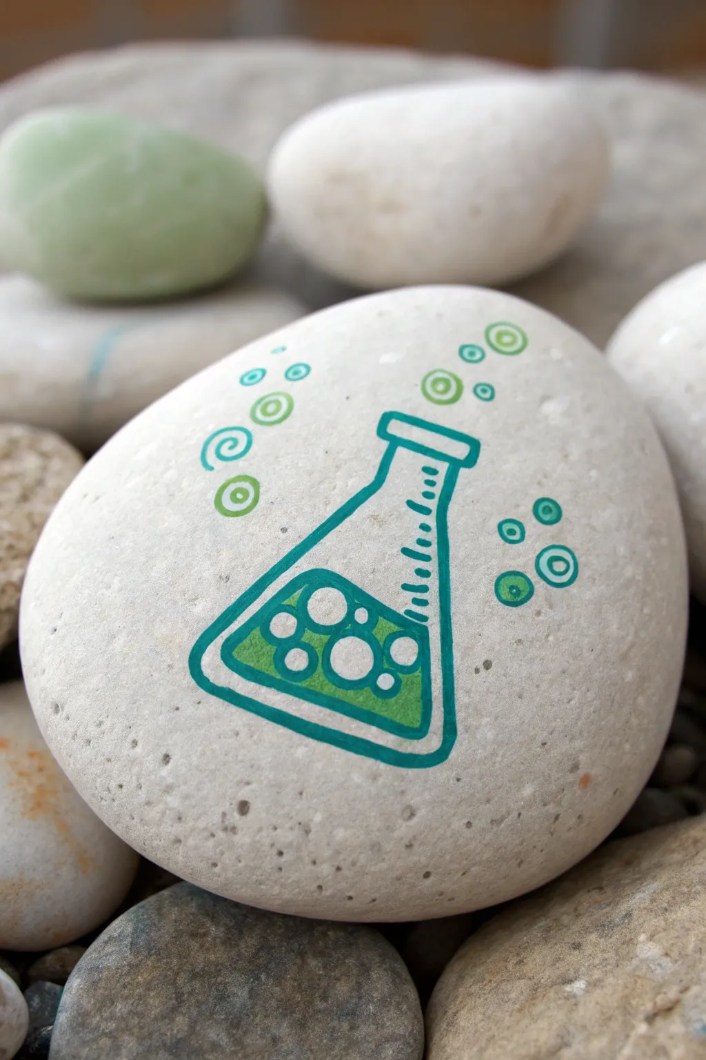 Minimal science lab rock: bright beaker and bubbly dots in fresh greens and blues.