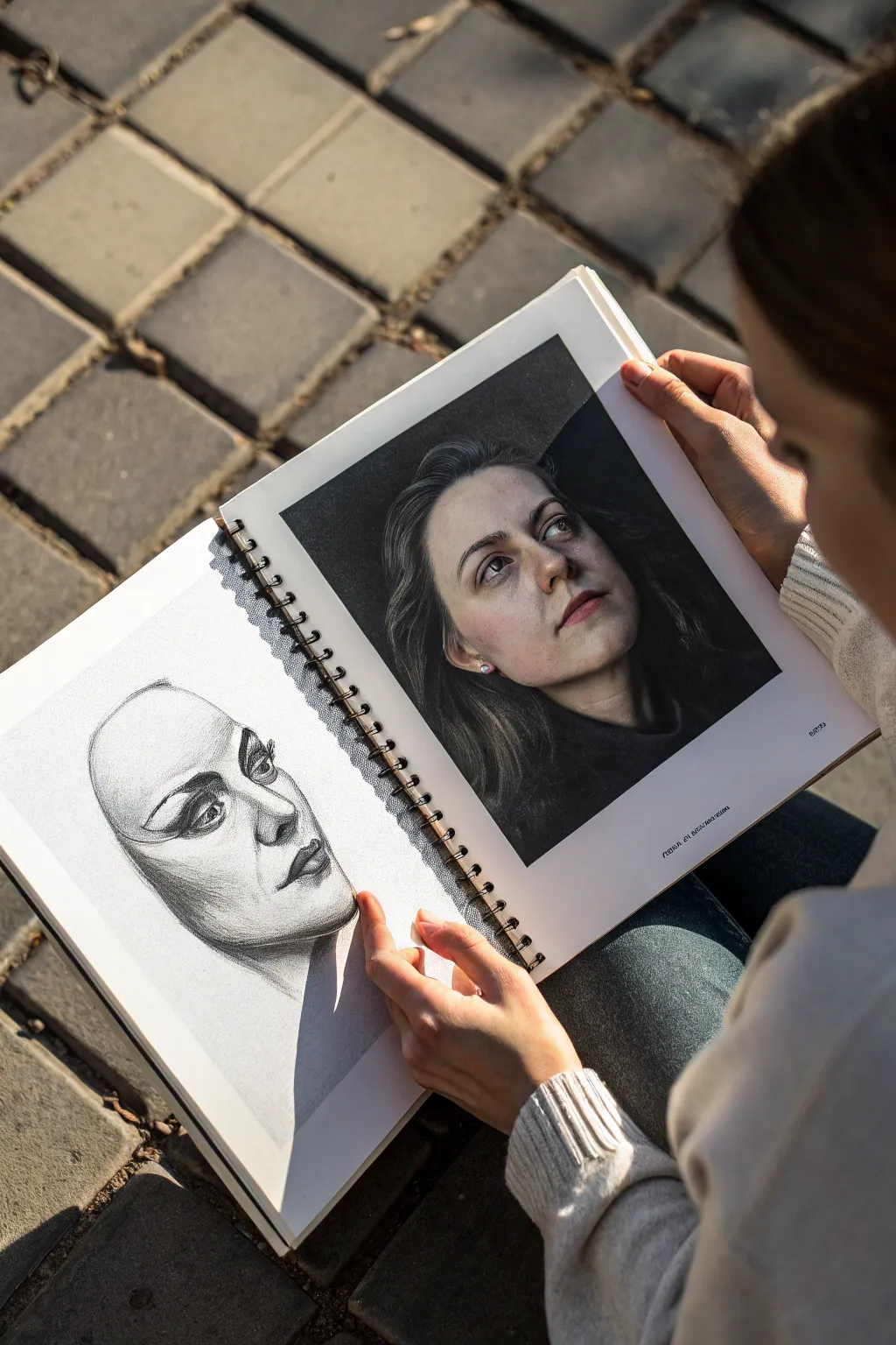 Mask or Reveal self-portrait idea: draw yourself holding a second face with bold contrast and calm minimalism