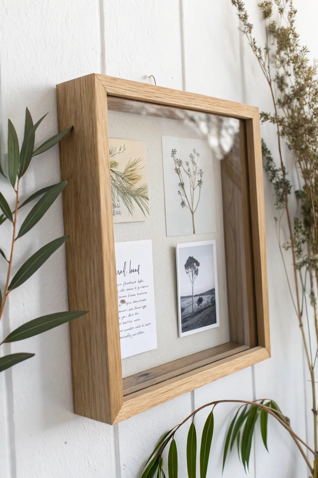 Minimal quote-on-glass shadow box with sketch, photo, and dried sprig in airy Scandi style