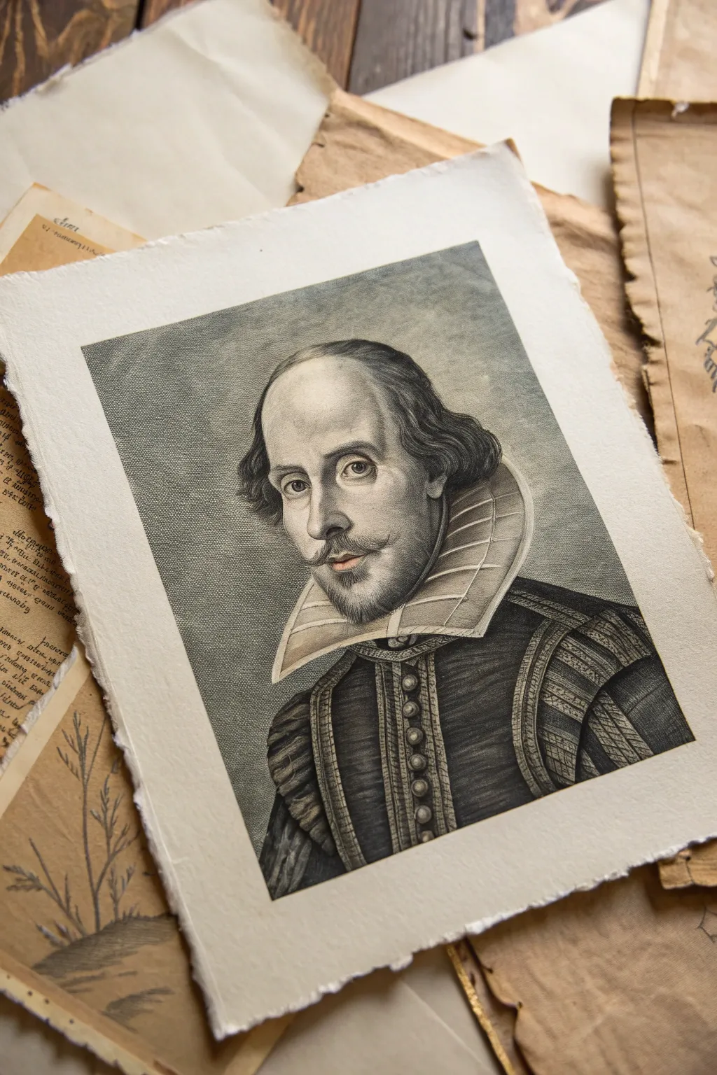 Create a mixed-media Shakespeare portrait with torn paper layers, scribbled script, and bold ink.