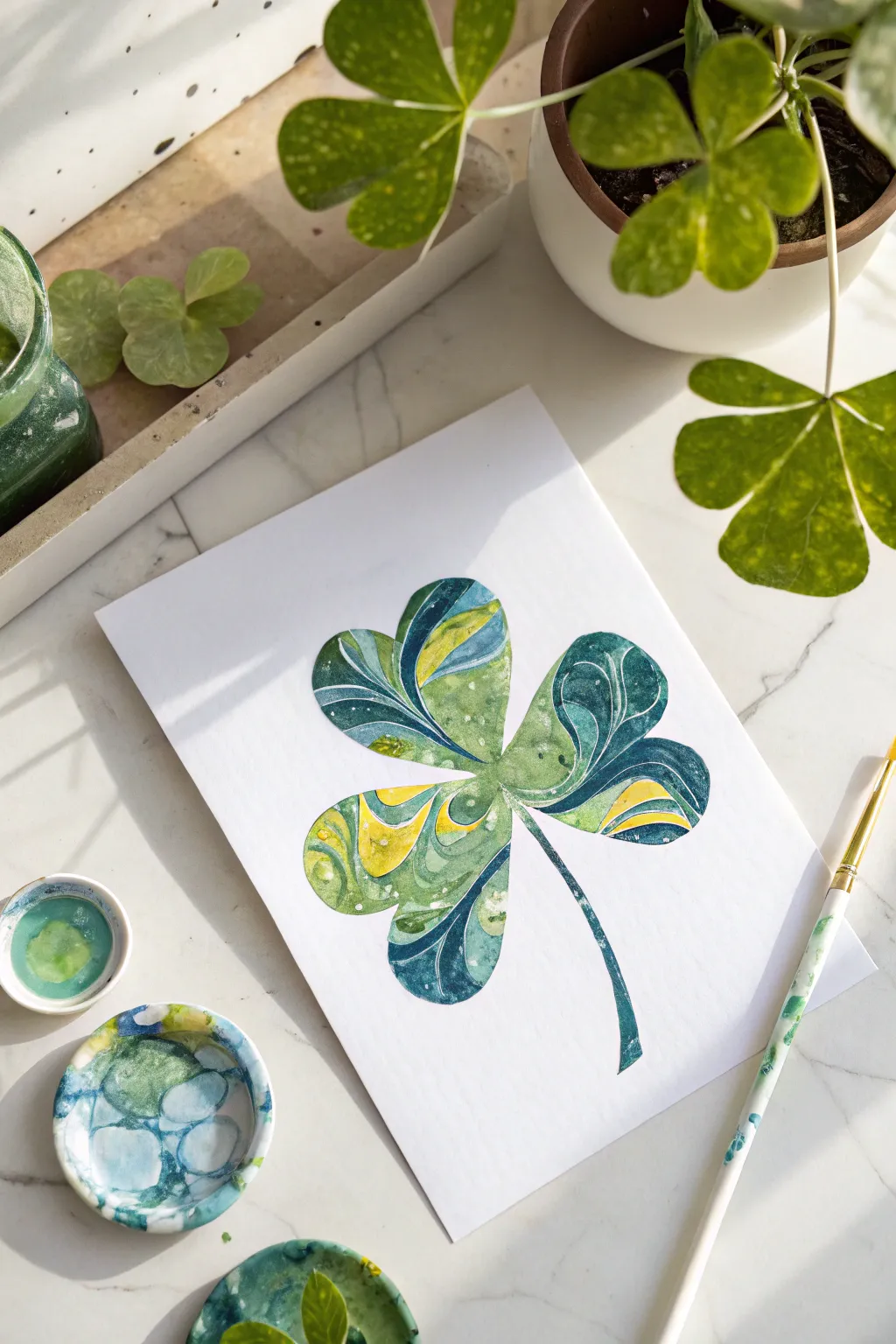 Mirror-print shamrock: blue and yellow blend into a marbled green pull that feels handmade