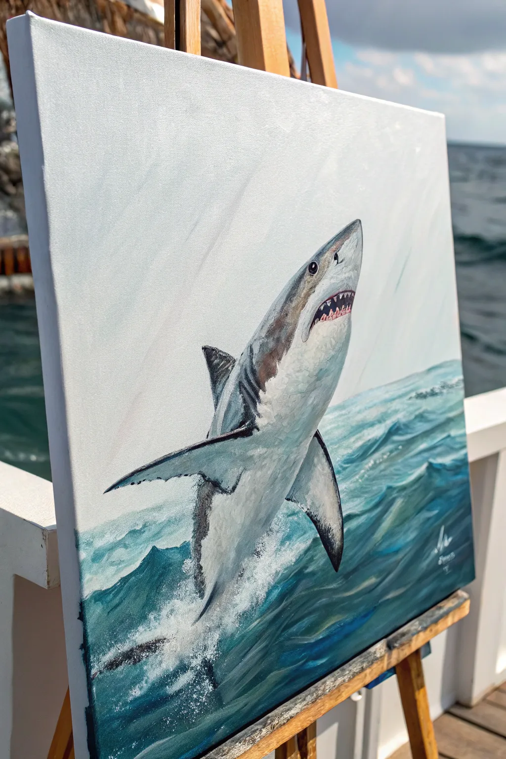 Impasto shark painting with thick highlights and calm water for crisp minimalist contrast