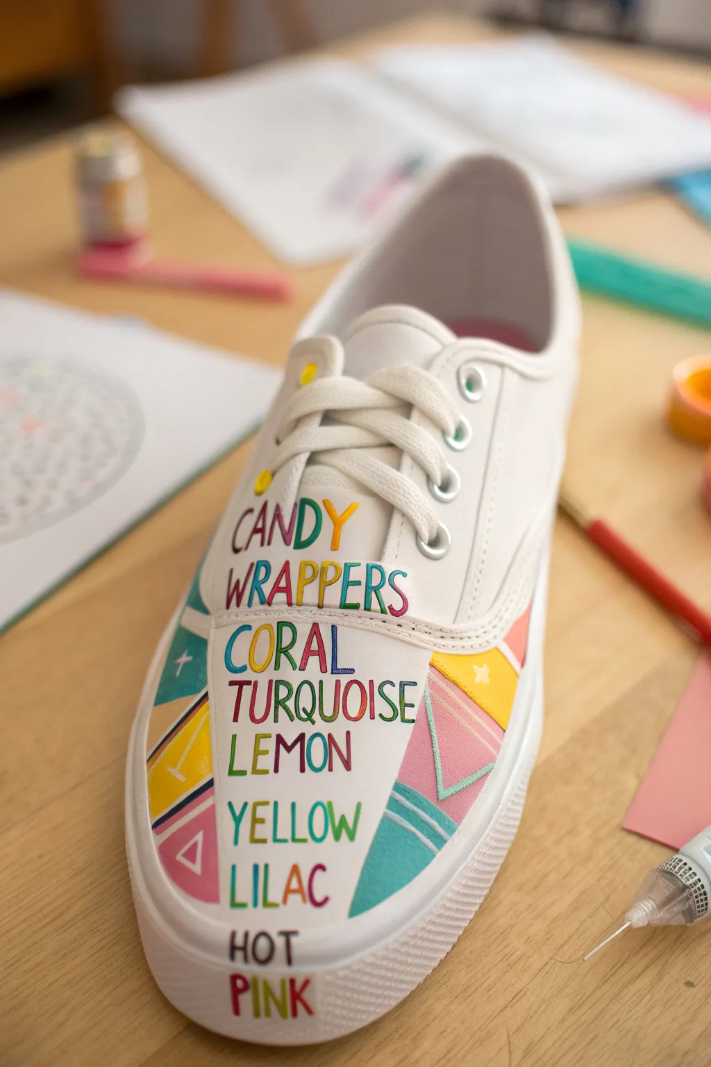 Candy-wrapper color blocks and hand-lettered doodles for a playful, modern shoe design