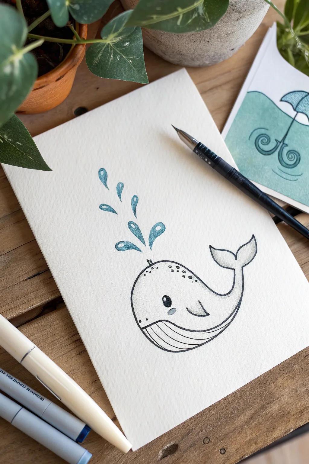 Simple baby whale doodle with tiny water spout, minimalist and cute for easy drawing practice.