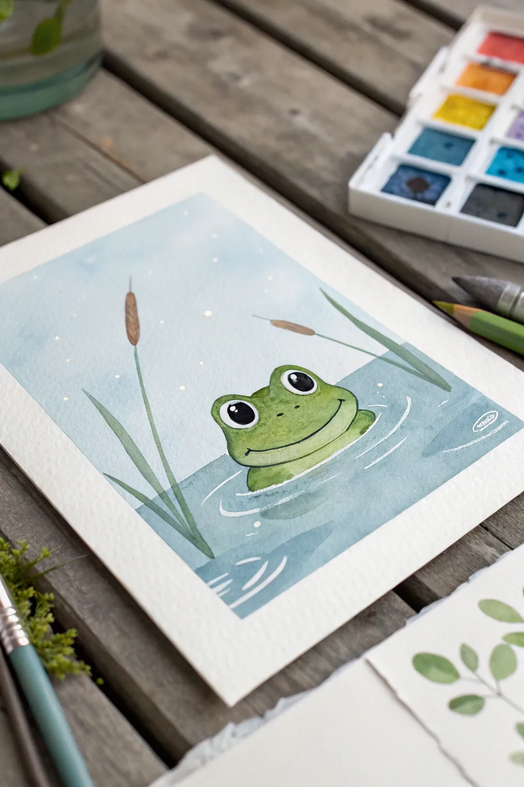 Adorable frog peeking from a calm pond, a simple cute easy painting idea with clean contrast