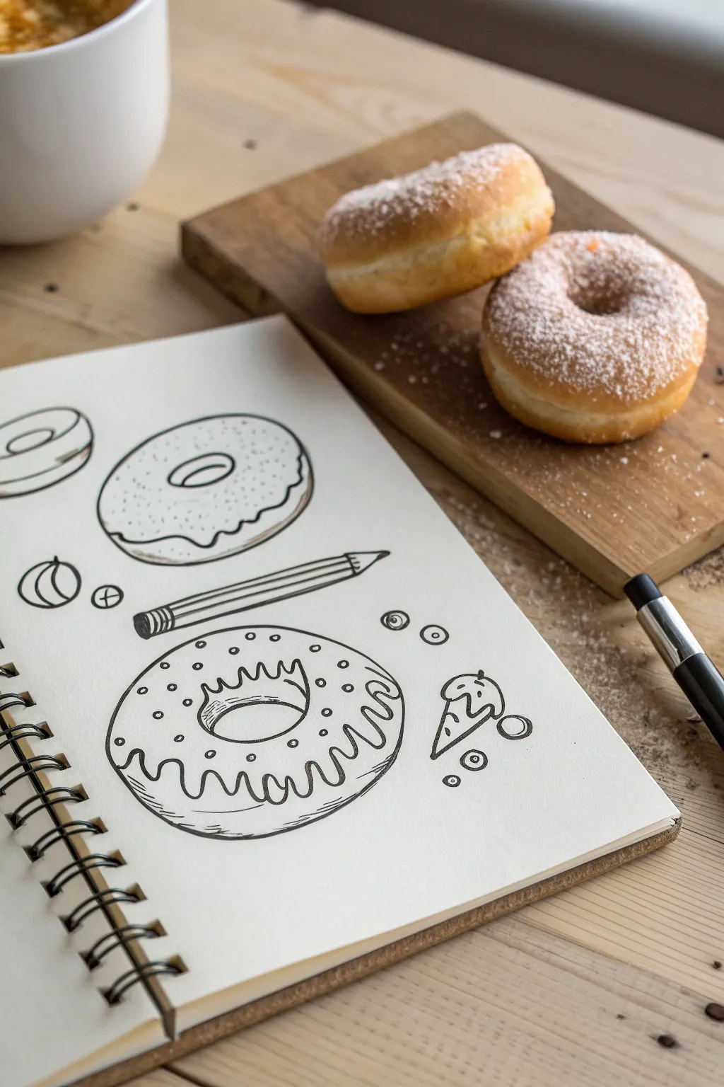 Easy donut doodles: clean line art rings, a filled donut, sprinkles, and a cute bite mark.