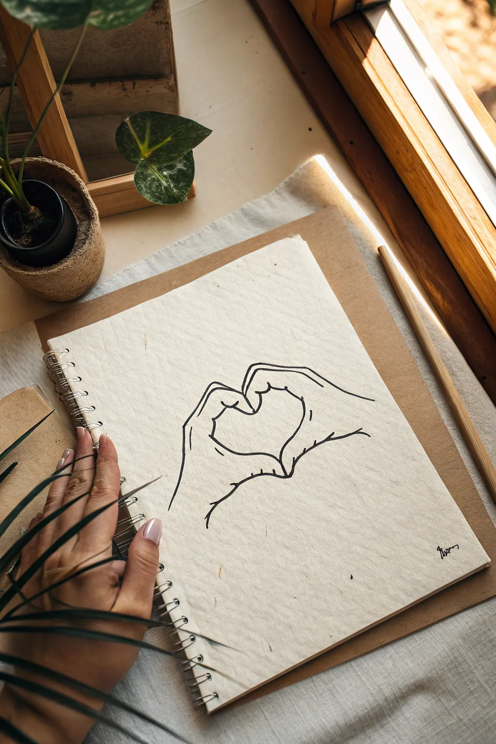 Easy heart-hand sketch idea with clean lines and chunky shapes, minimalist with a soft boho feel