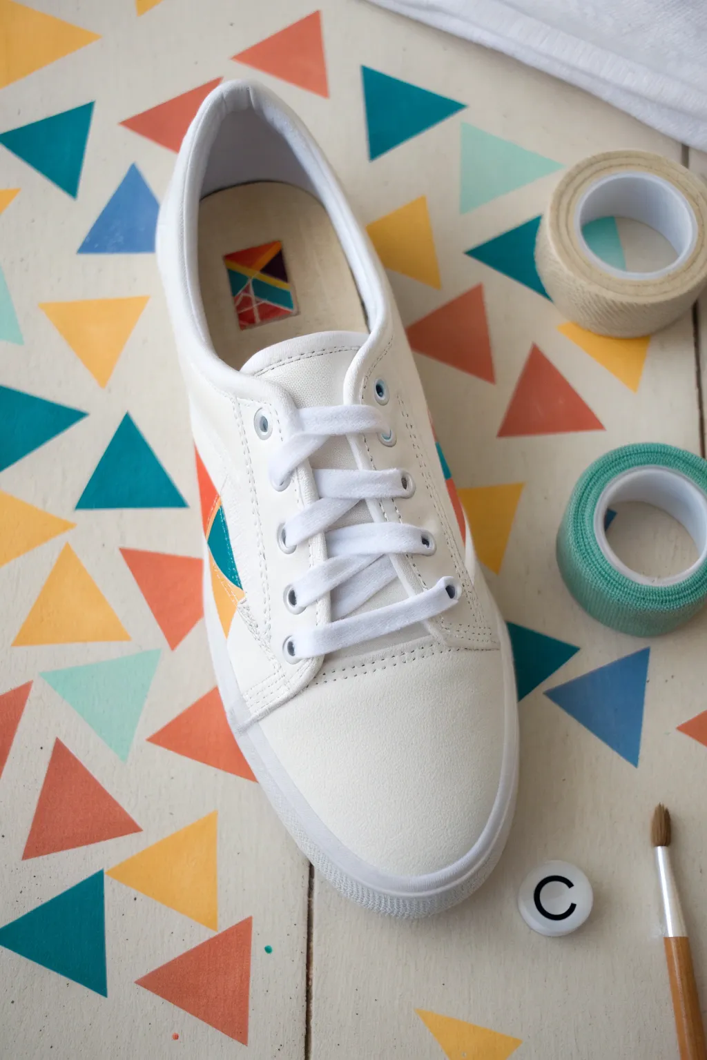 Tape-resist triangles in progress: crisp lines, bold color pops, and a clean DIY tabletop vibe