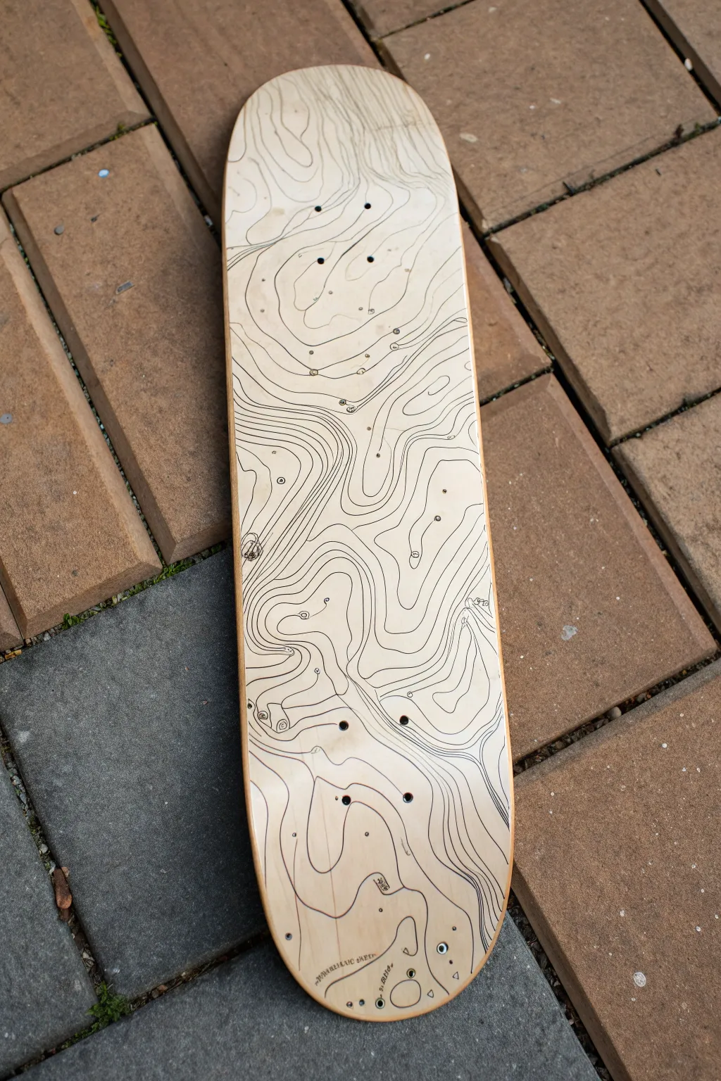 Minimal topographic contour lines flowing nose to tail for a calm, modern skateboard deck