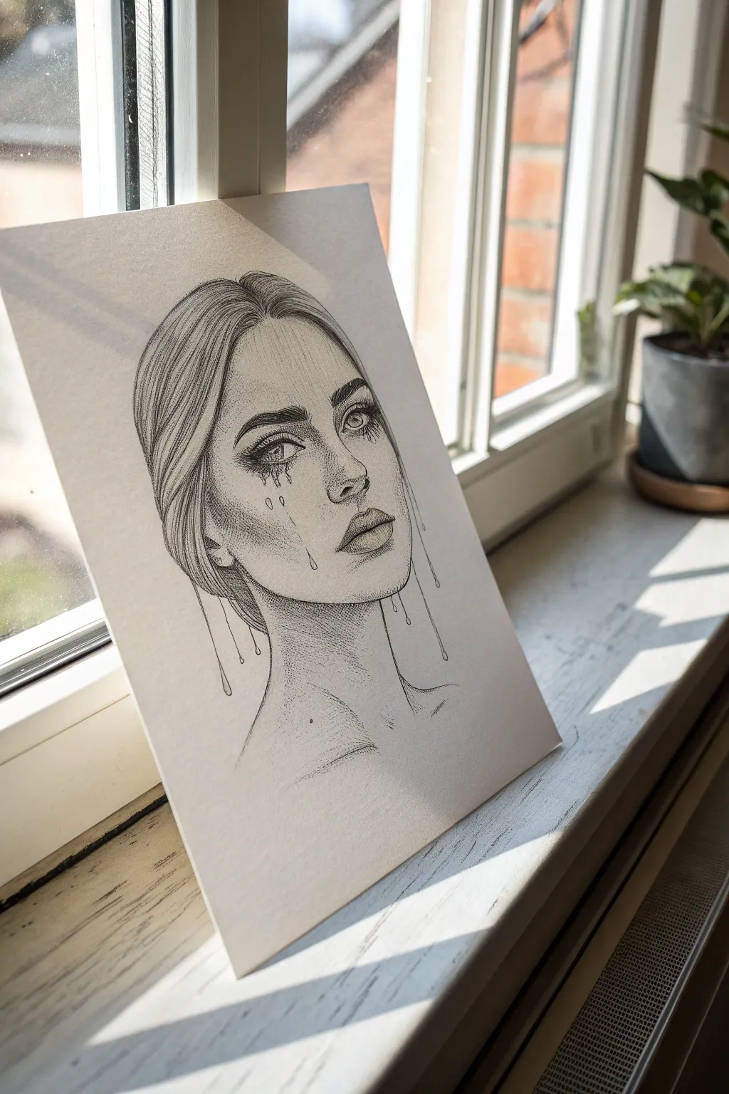 Surreal melting face sketch with clean lines and bold charcoal gradients for striking expression