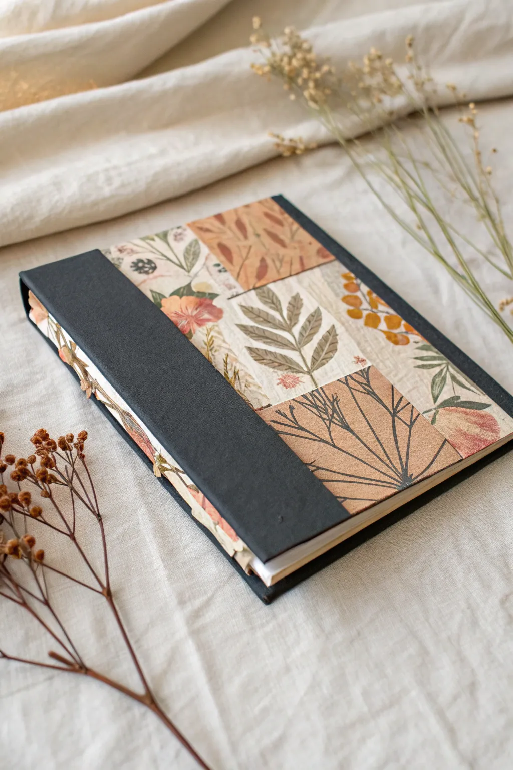 Open-mind cutout collage sketchbook cover with layered paper thoughts in minimalist boho style