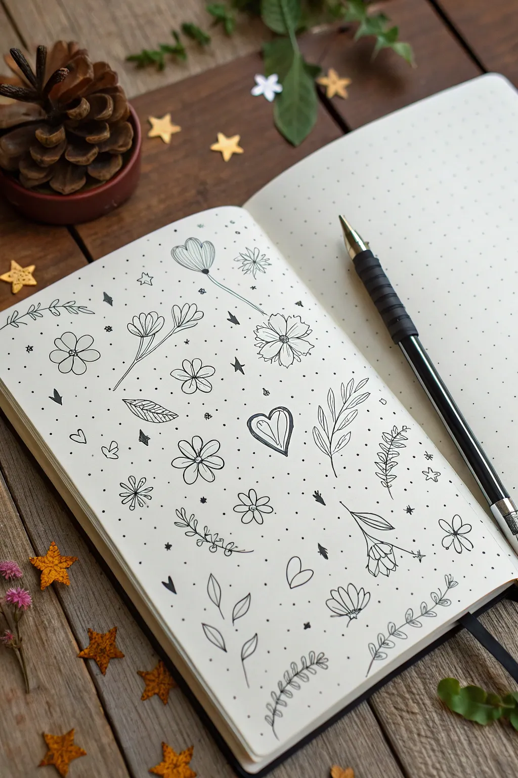 Easy doodle fillers reference page with sparkles, swirls, tiny flowers and dots for any sketchbook