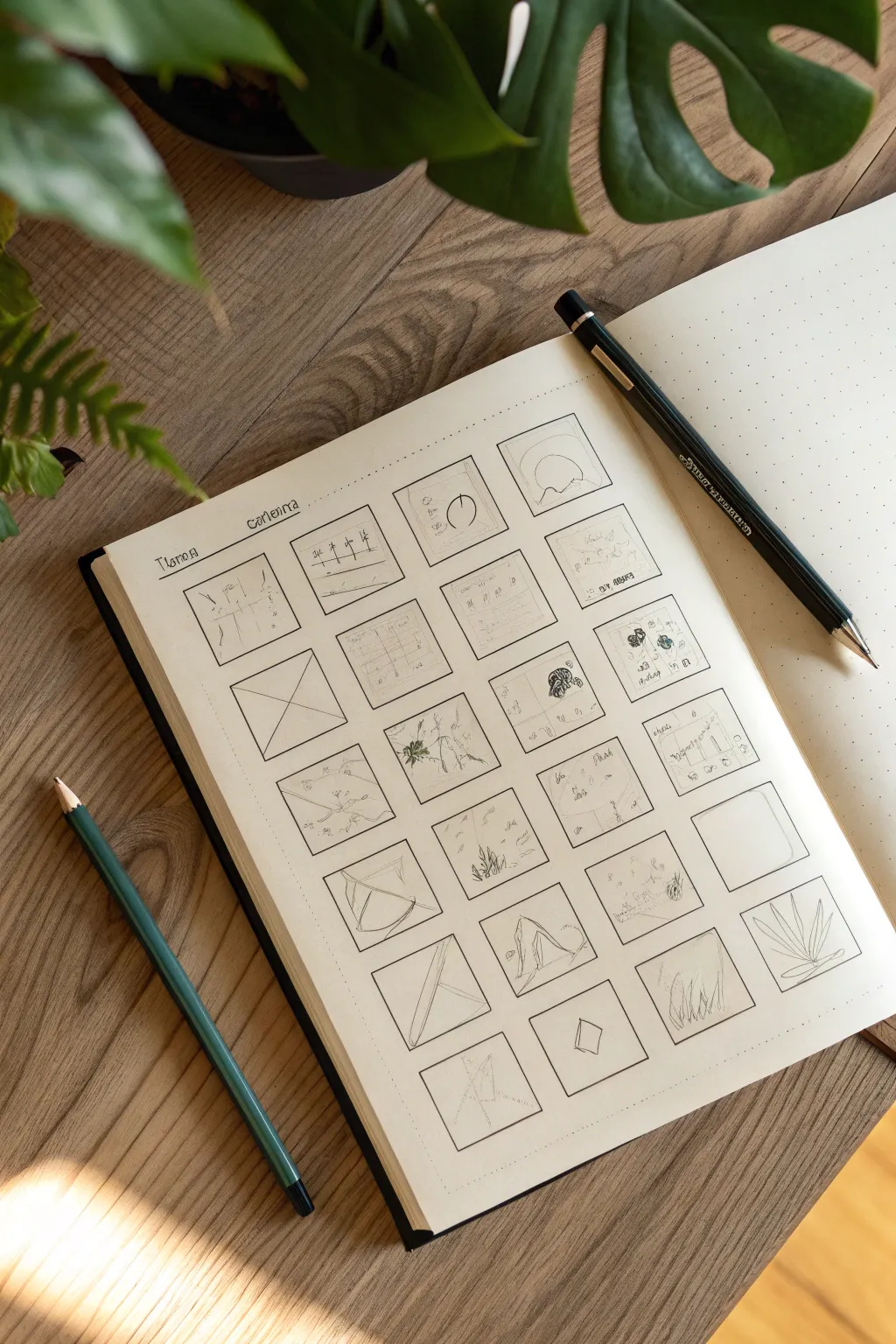 A sketchbook page of crisp thumbnail rectangles to test composition, cropping, and values fast.