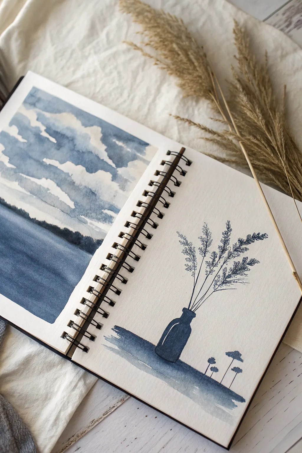 Indigo monochrome wash in a sketchbook, featuring bold value steps and a simple value strip.