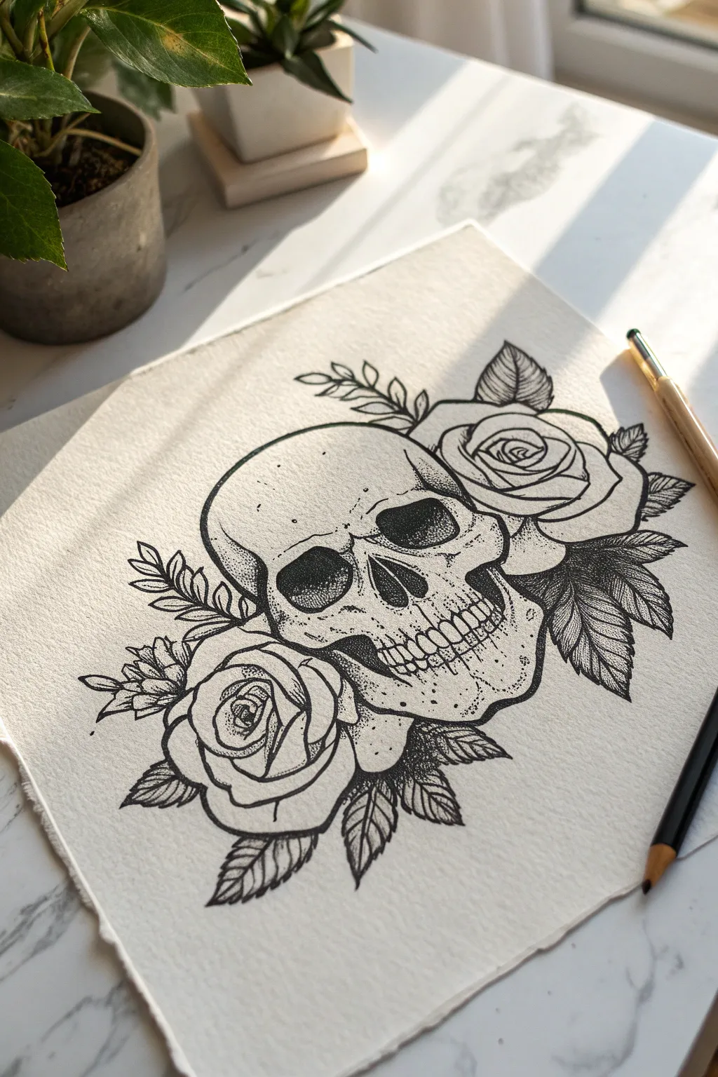 Bold skull and roses line art with high contrast outlines, minimal boho elegance for Pinterest