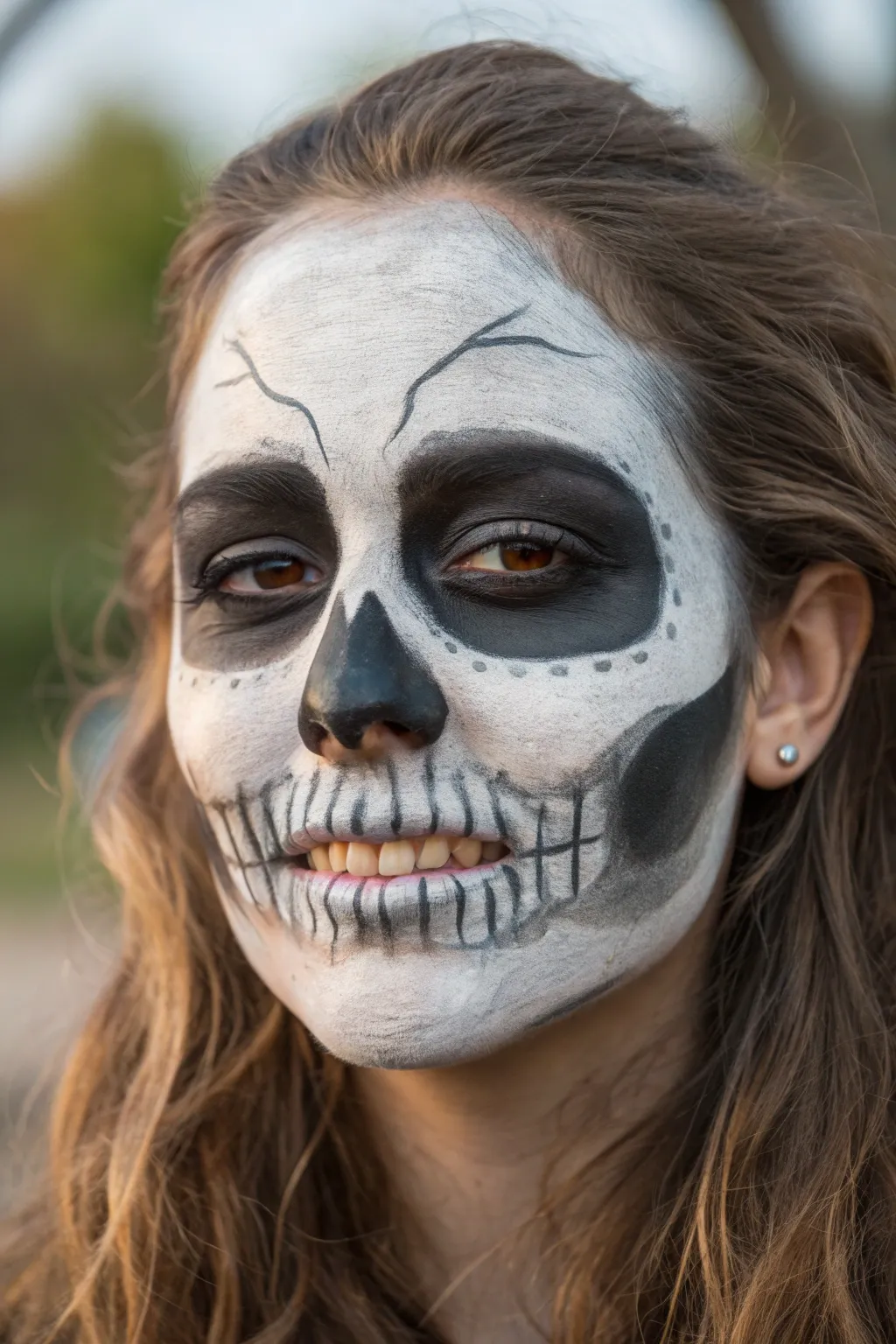 Burnt-and-ash skull face paint with smoky temples, ash fade, and crisp nose and teeth.