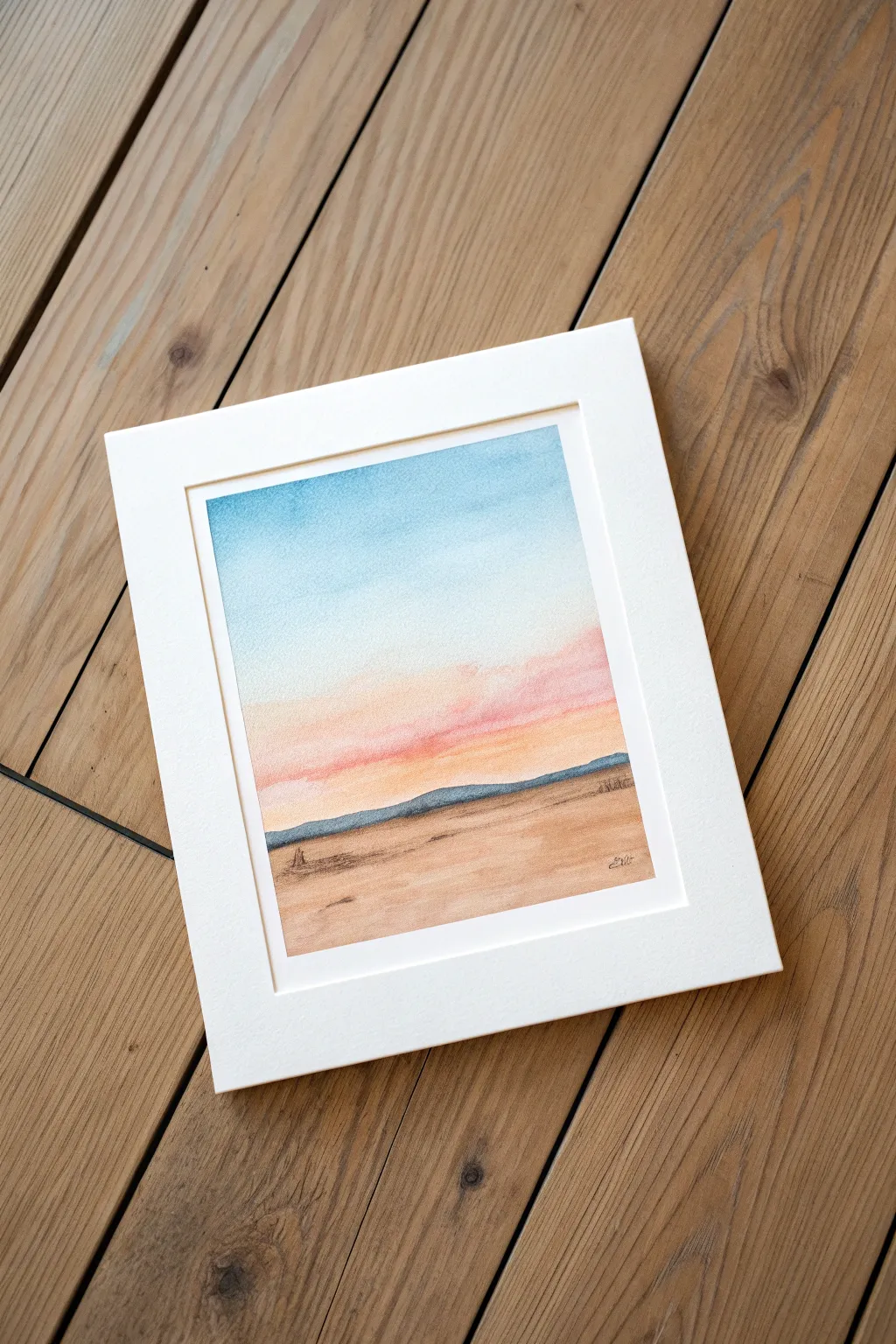 Desert heat haze sky gradient in soft watercolor, minimal horizon silhouette, calm Scandinavian mood.