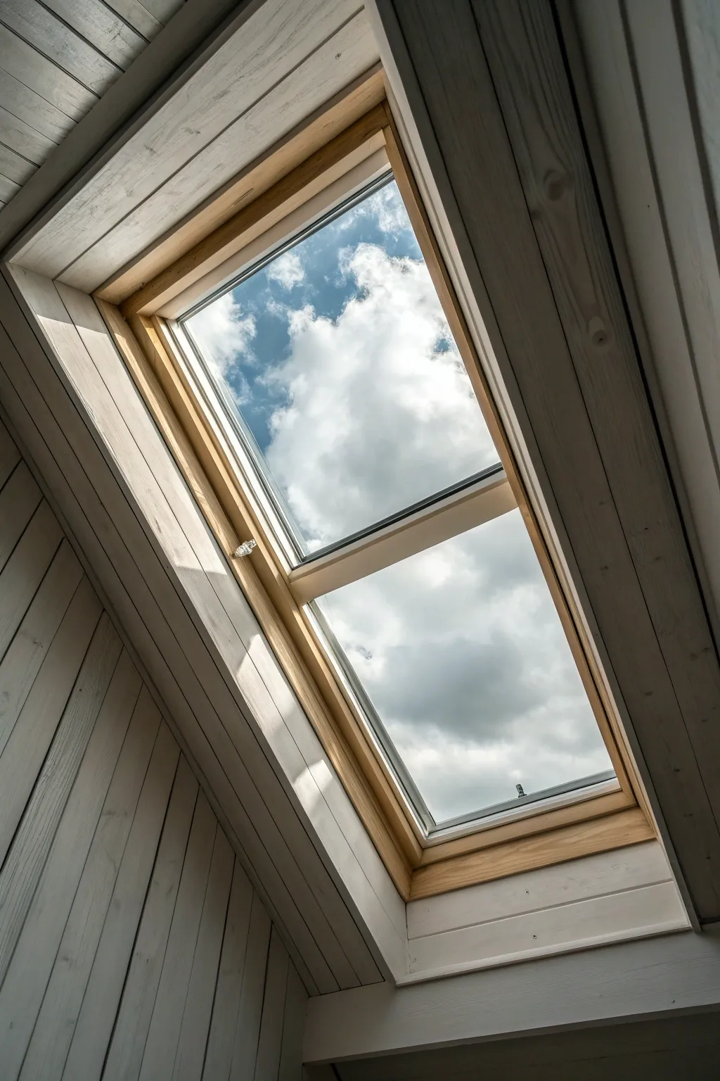 Cloudy sky mural transforms the skylight well into a serene slice of daylight overhead