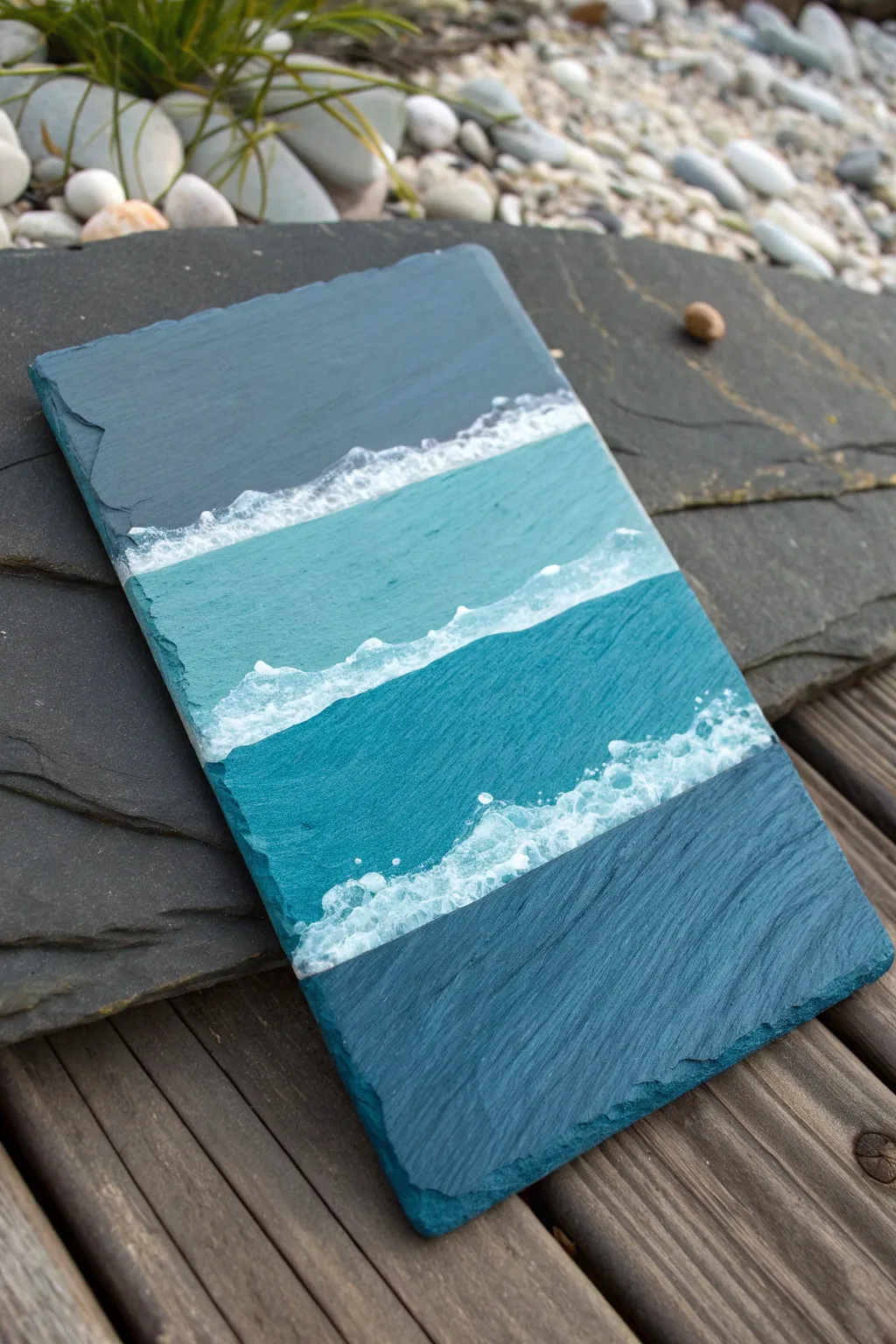 Easy slate painting: teal-to-blue ombre ocean stripes with simple white foam accents